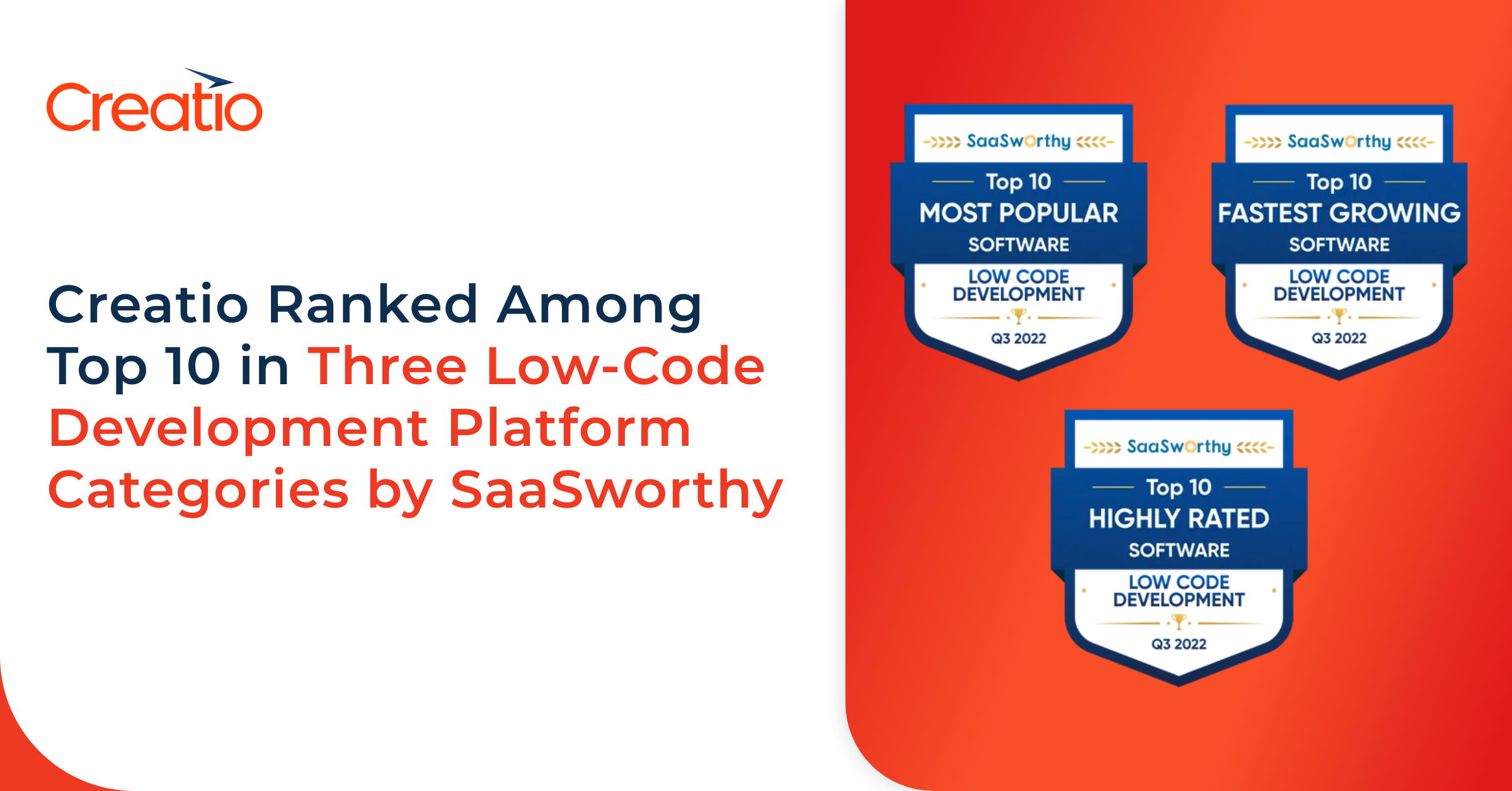 Creatio ranked among the top 10 in three low code development platform
